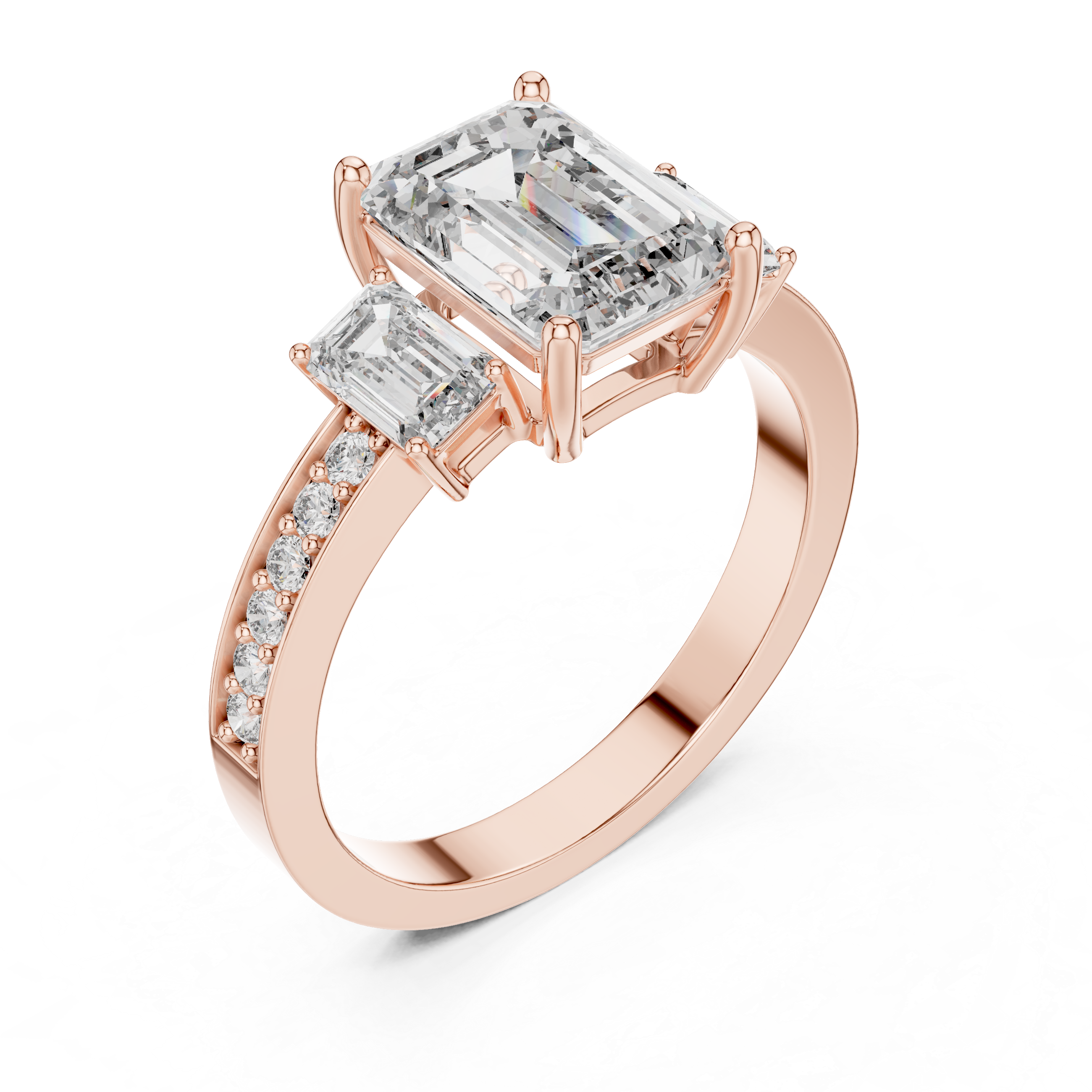 Rose gold ring with emerald-cut diamonds on a white background